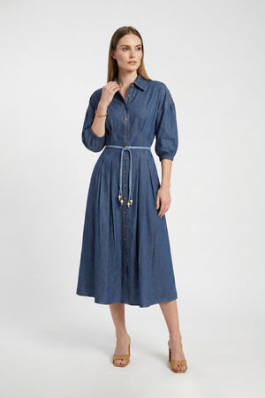 Bianca Tassel-Belted Denim Midi Shirt Dress - Reina Diaz