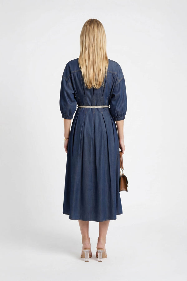 Bianca Tassel-Belted Denim Midi Shirt Dress - Reina Diaz