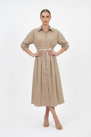 Bianca Tassel-Belted Denim Midi Shirt Dress - Reina Diaz