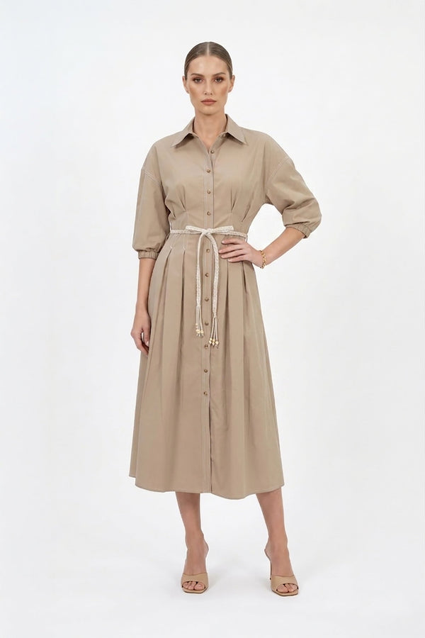 Bianca Tassel-Belted Denim Midi Shirt Dress - Reina Diaz