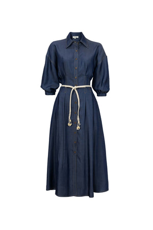 Bianca Tassel-Belted Denim Midi Shirt Dress - Reina Diaz