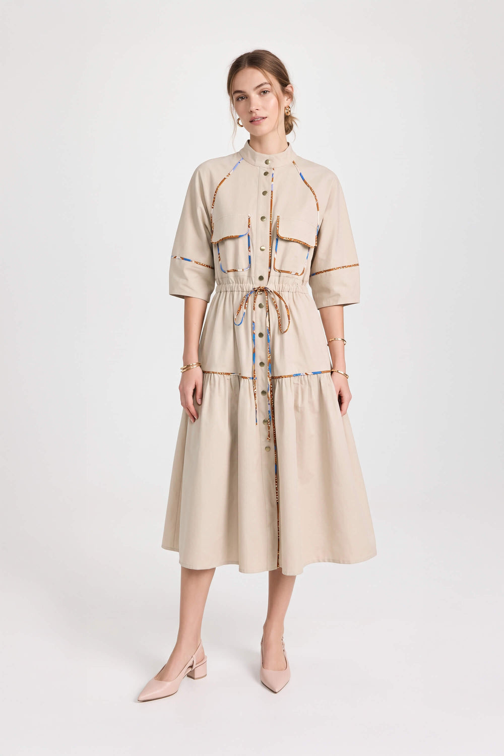 Camila Drawstring Piping-Detail Midi Vestido 723185 BEI - Reina Diaz