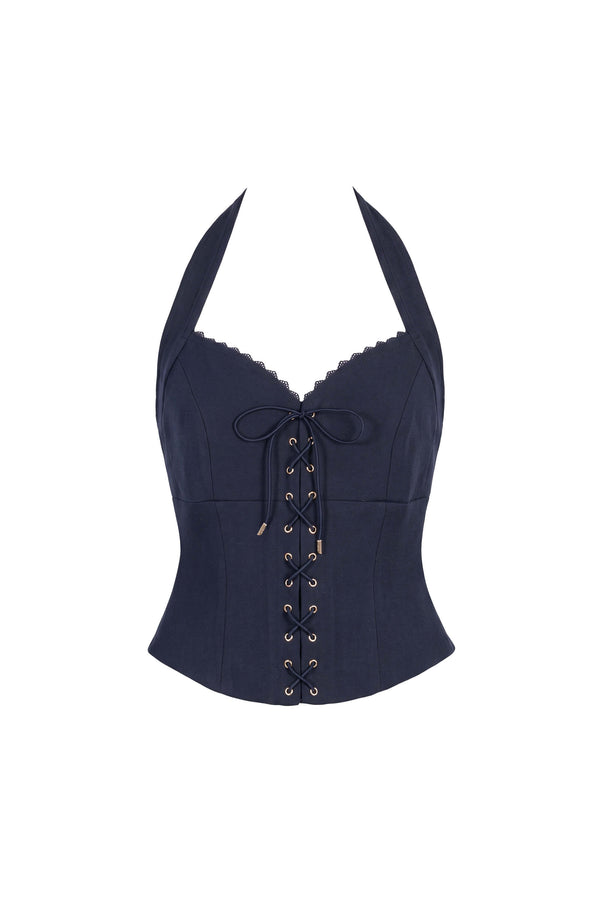 Camila Lace-Trim Lace-Up Halter Corset Top 501556 MAR - Reina Diaz