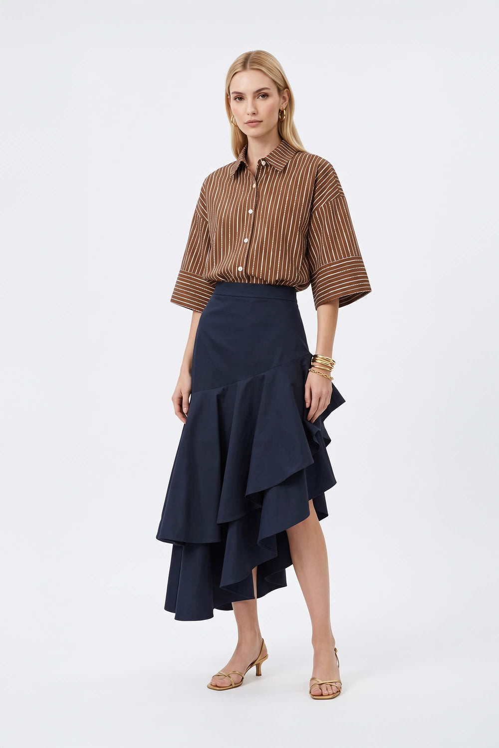 Camila One-Shoulder Smocked-Cuff Blusa 752992 CAF - Reina Diaz