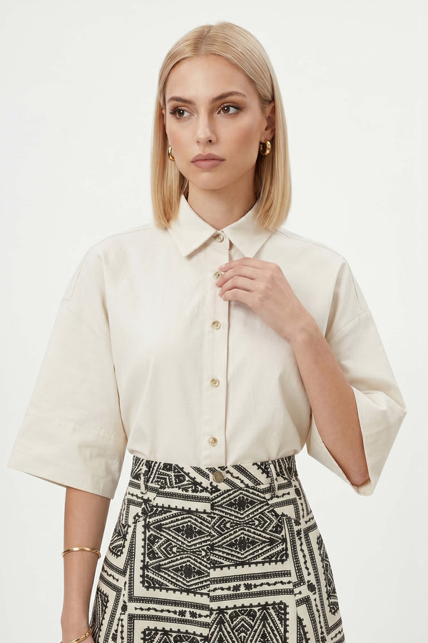 Camila One-Shoulder Smocked-Cuff Blusa 752992CRE - Reina Diaz