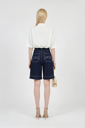 Capri Solid Seersucker Embroidered Shorts - Reina Diaz