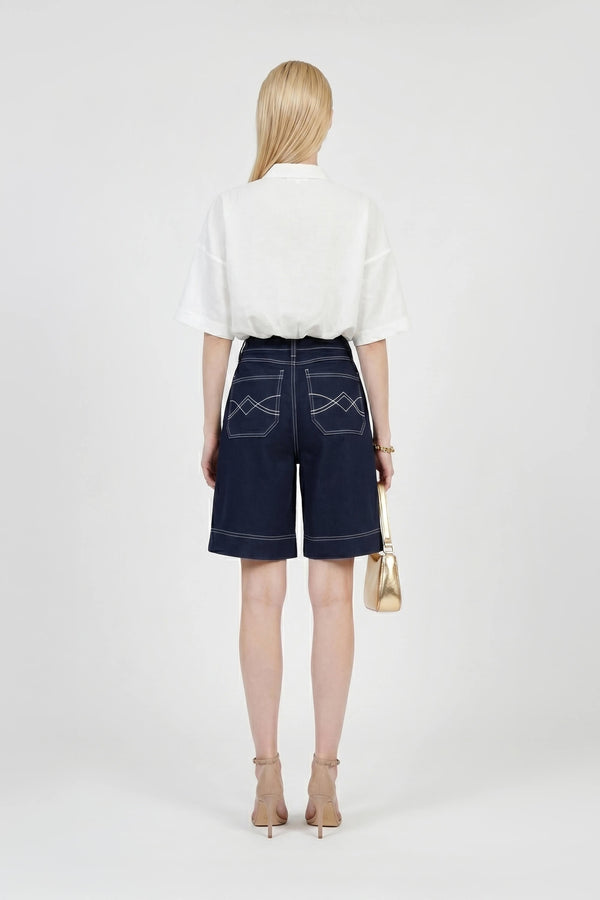 Capri Solid Seersucker Embroidered Shorts - Reina Diaz