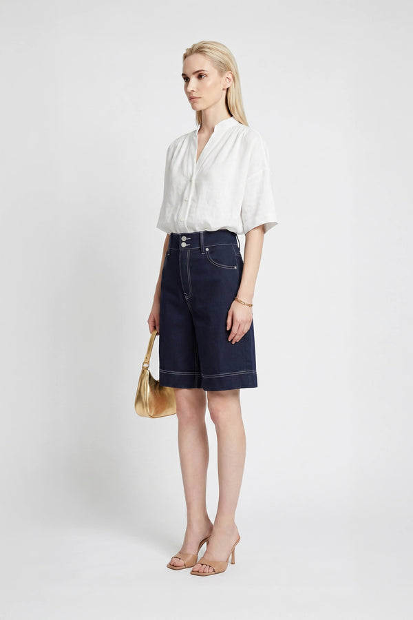 Capri Solid Seersucker Embroidered Shorts - Reina Diaz