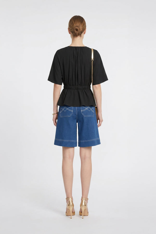 Capri Solid Seersucker Embroidered Shorts - Reina Diaz
