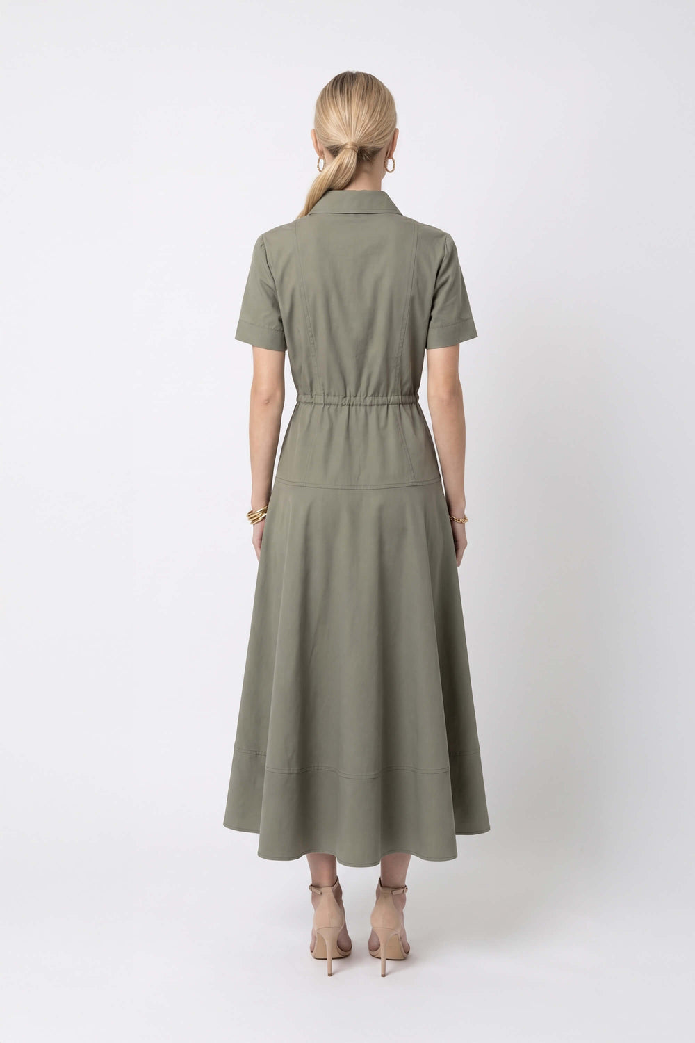Carlota Belted Short Sleeve Midi Vestido 526301 OLI - Reina Diaz