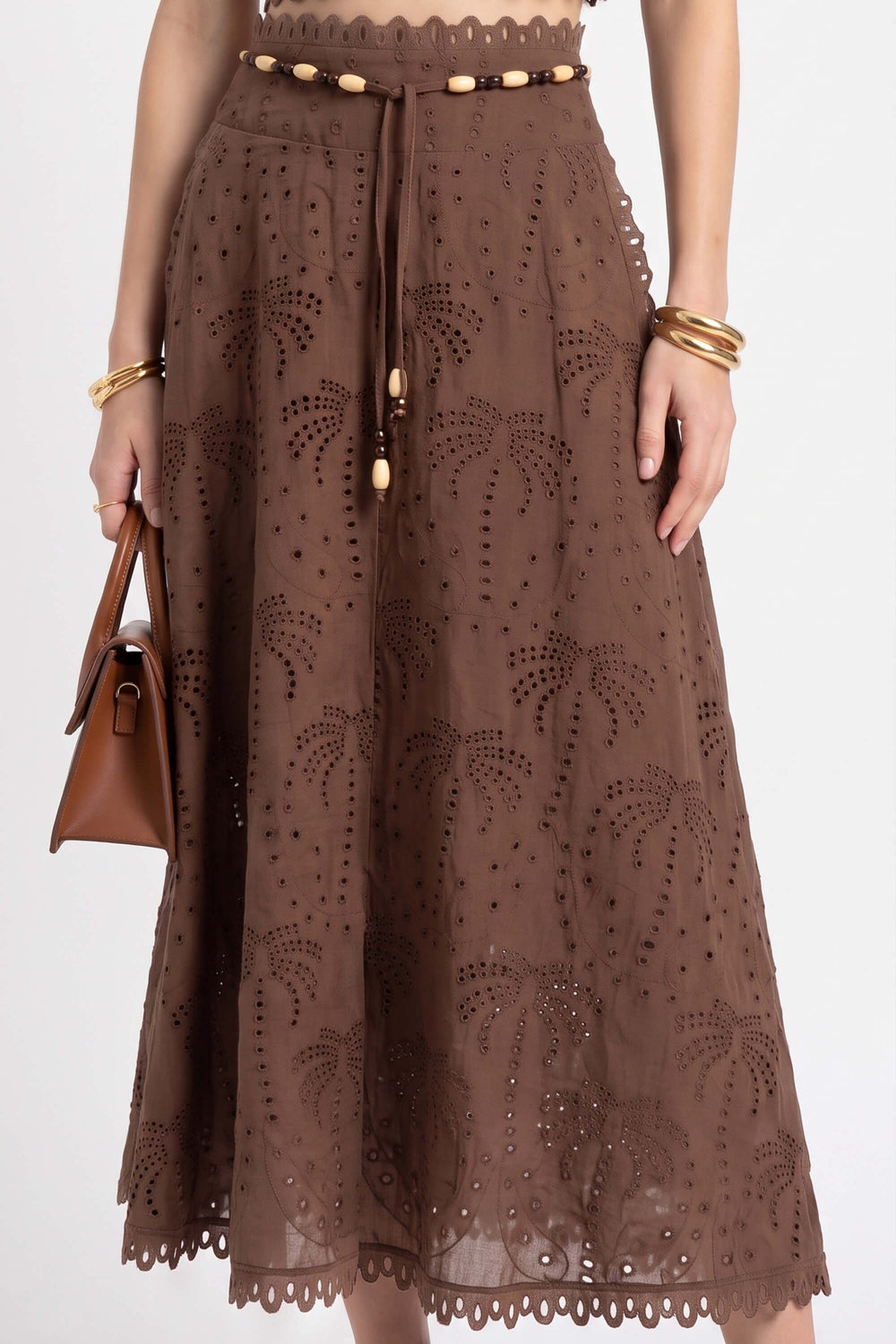 Cassandra Eyelet Beaded Midi Falda 740978 CAF - Reina Diaz