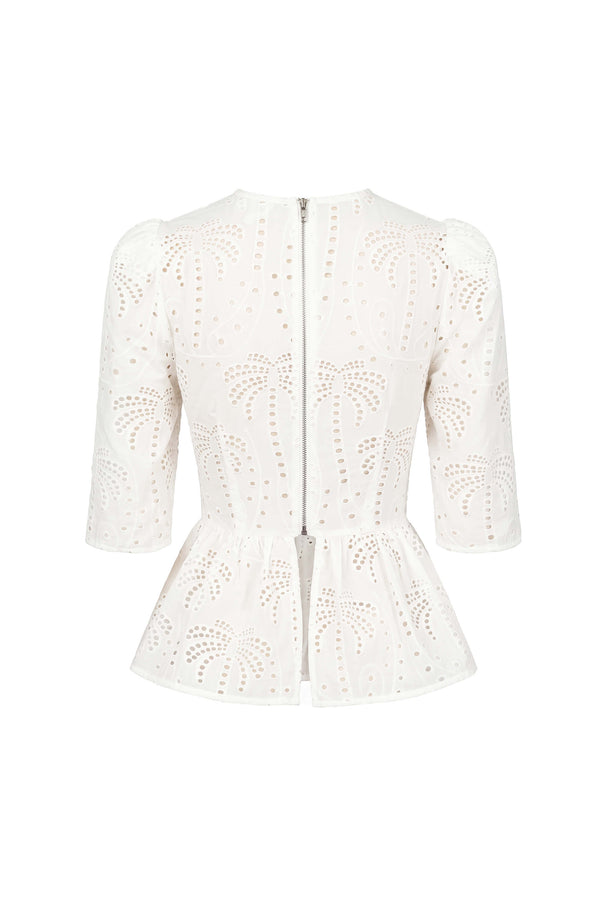 Cassandra Eyelet Double-Tie Peplum Blusa 752937 HUE - Reina Diaz