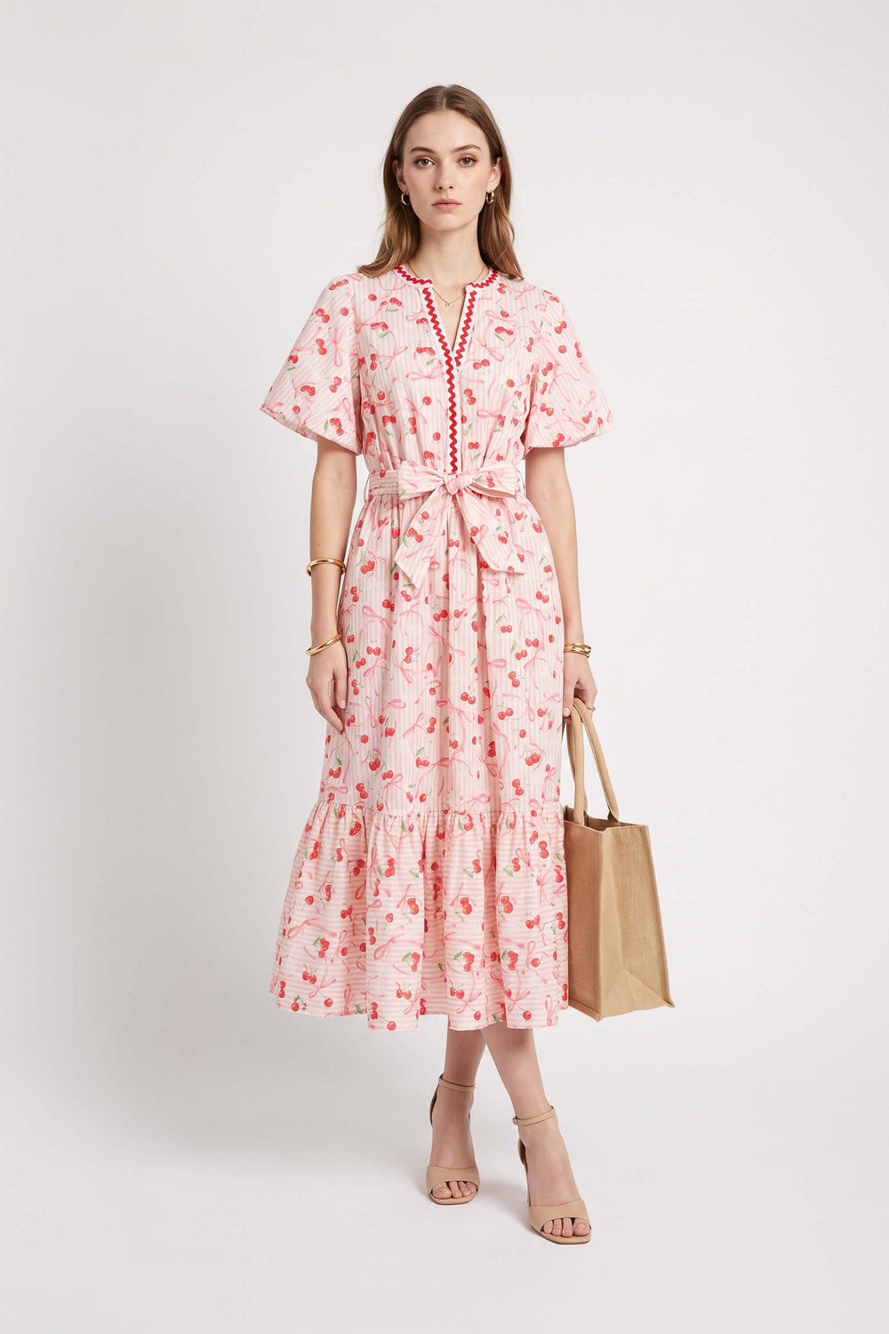 Cassandra Fruit Printed Belted Midi Vestido 723178 CER - Reina Diaz