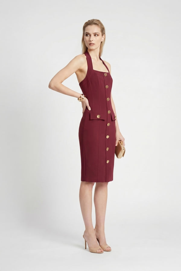 Cassandra Halter Buttoned Bodycon Dress - Reina Diaz