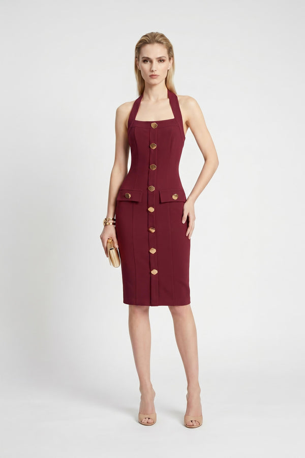 Cassandra Halter Buttoned Bodycon Dress - Reina Diaz