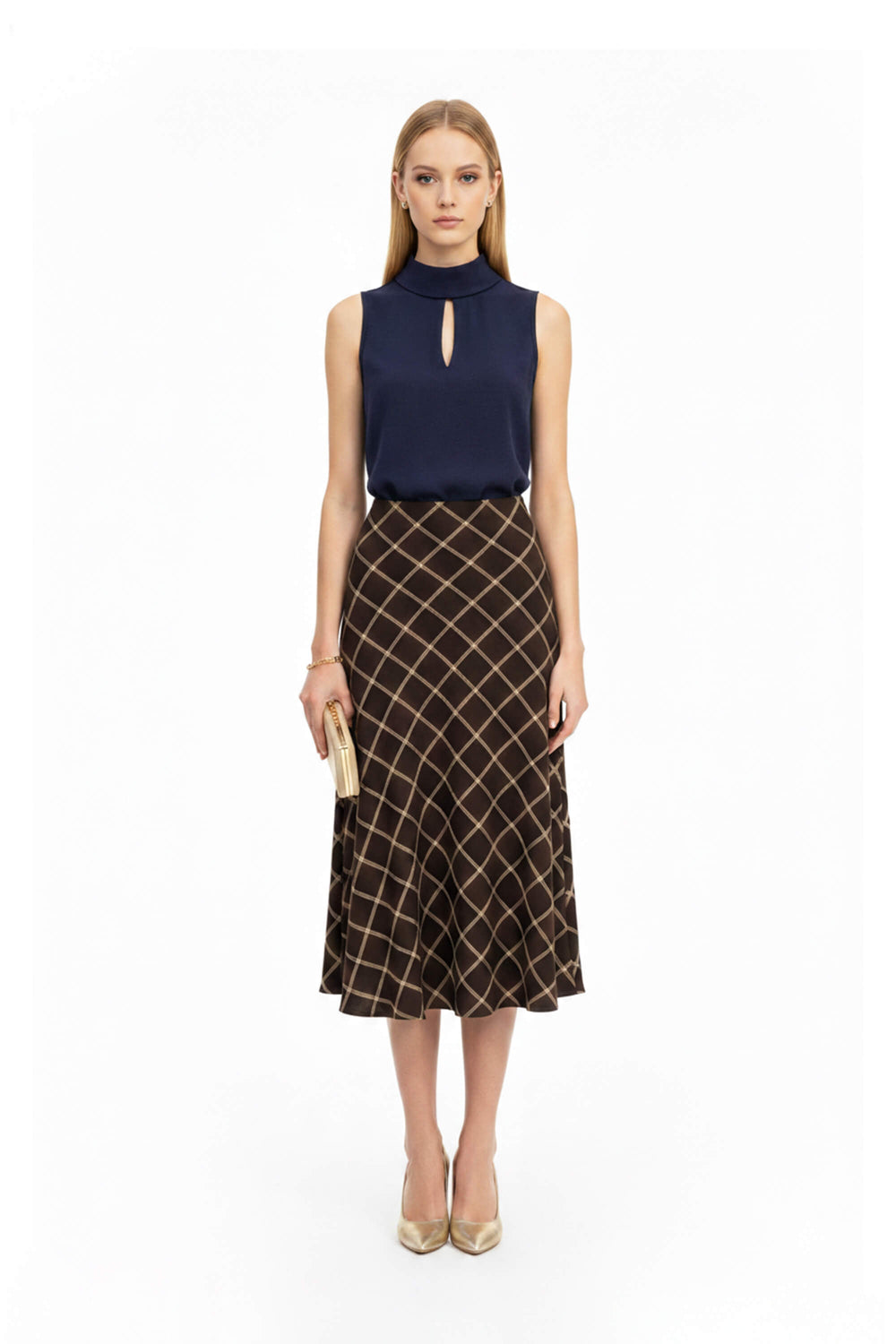 Cassandra Plaid High-Waist Midi Falda 740970 CAF - Reina Diaz