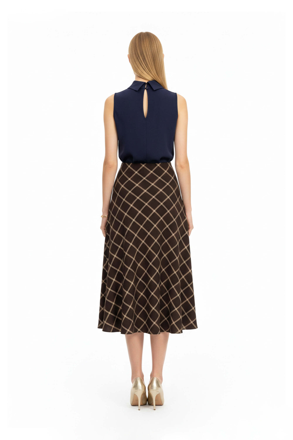 Cassandra Plaid High-Waist Midi Falda 740970 CAF - Reina Diaz