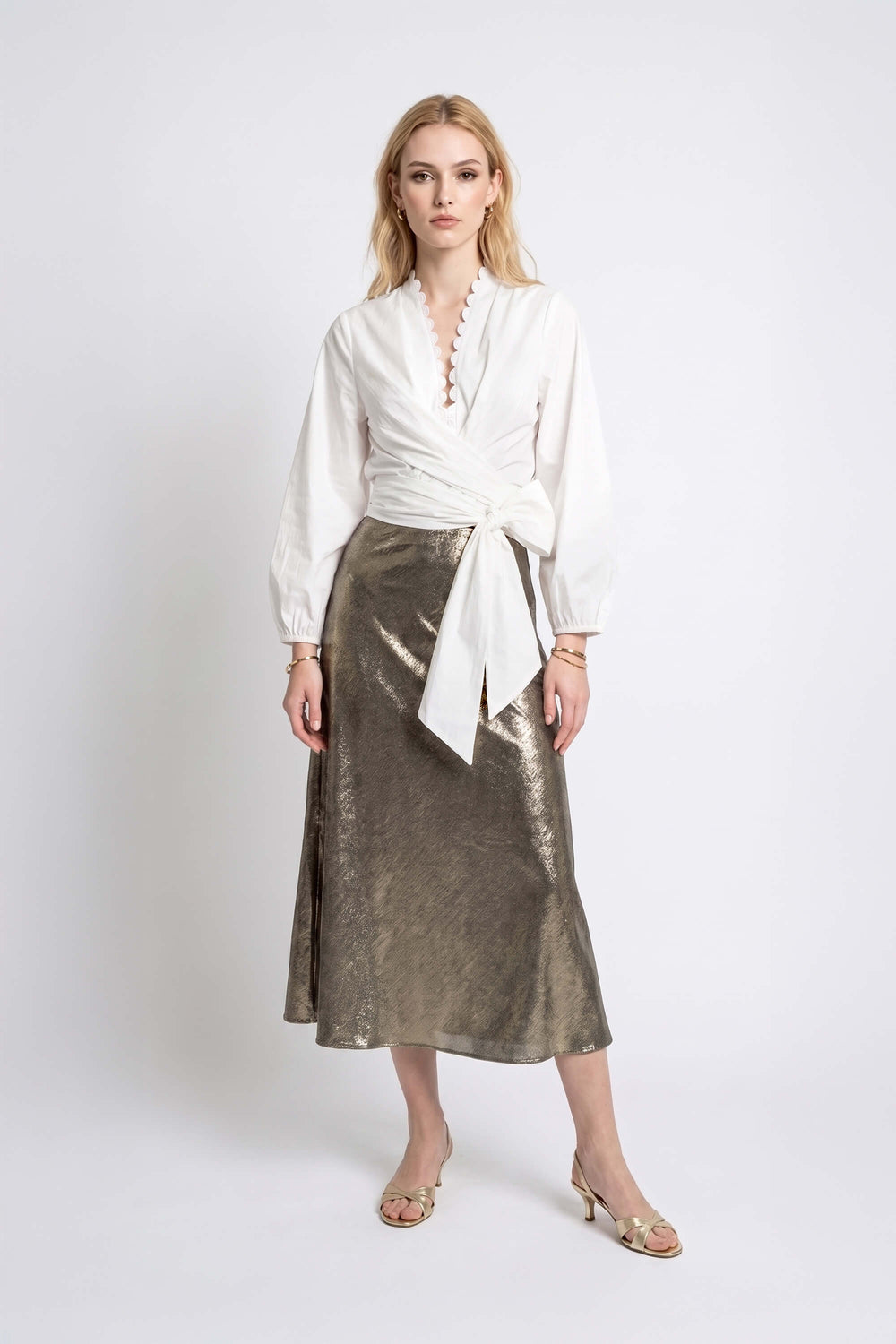 Cassandra Plaid High-Waist Midi Falda 740970 ORO - Reina Diaz