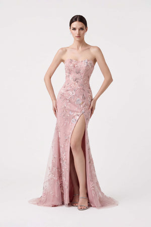 Cassandra Strapless Floral Beaded Vestido 421474 BLU - Reina Diaz