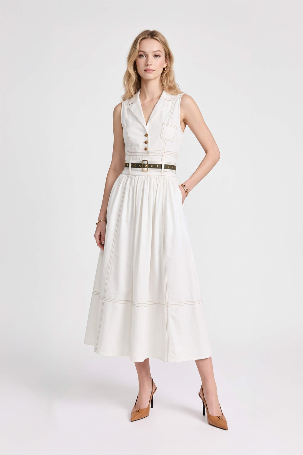 Claudia Belted Utility Sleeveless Midi Vestido 723145 HUE - Reina Diaz