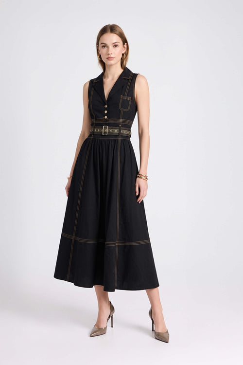Claudia Belted Utility Sleeveless Midi Vestido 723145 NEG - Reina Diaz