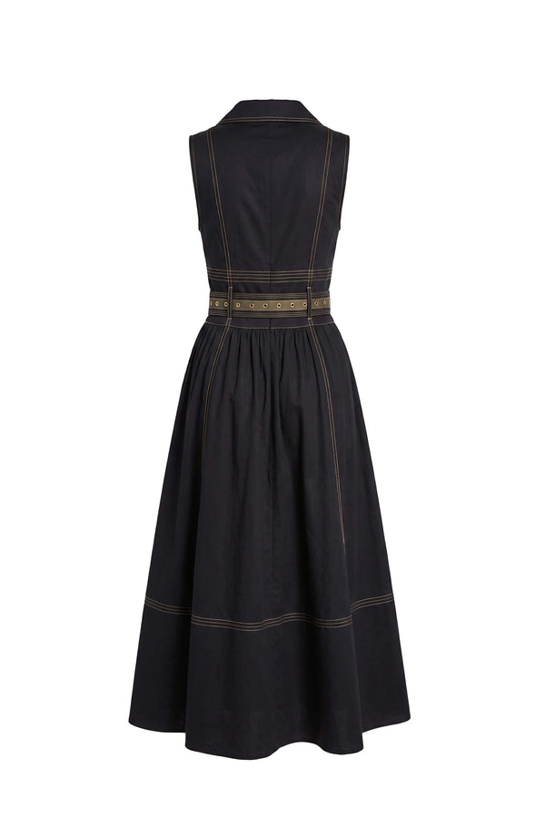 Claudia Belted Utility Sleeveless Midi Vestido 723145 NEG - Reina Diaz