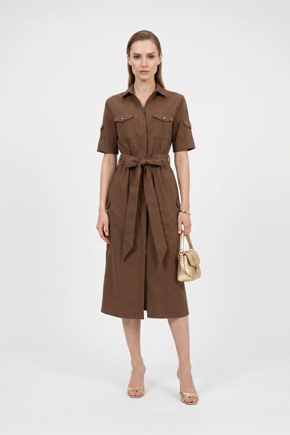Dalia Moka Utility Midi Dress with Belt - Reina Diaz