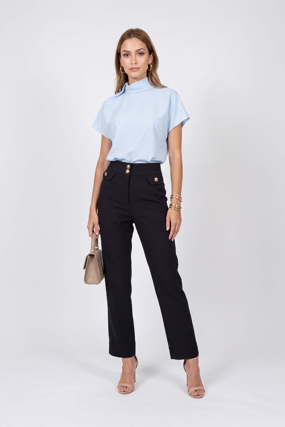 Elena Asymmetric High-Neck Short Sleeve Blusa 554331 AZU - Reina Diaz