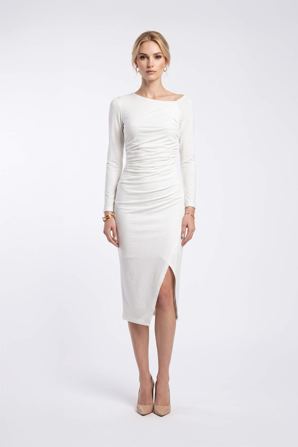 Elena Asymmetric Ruched Midi Vestido 526255 BCO - Reina Diaz