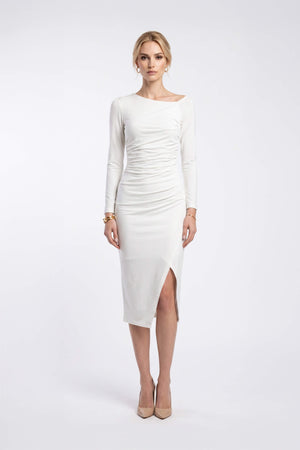 Elena Asymmetric Ruched Midi Vestido 526255 BCO - Reina Diaz
