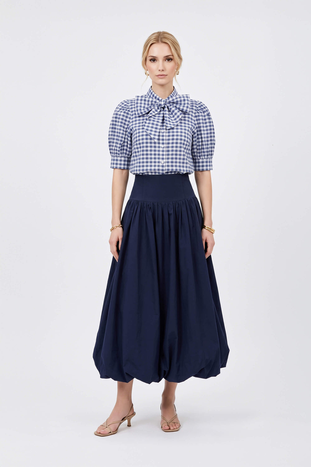 Elena Gingham Bow Puff Sleeve Blusa 753007 MAR - Reina Diaz