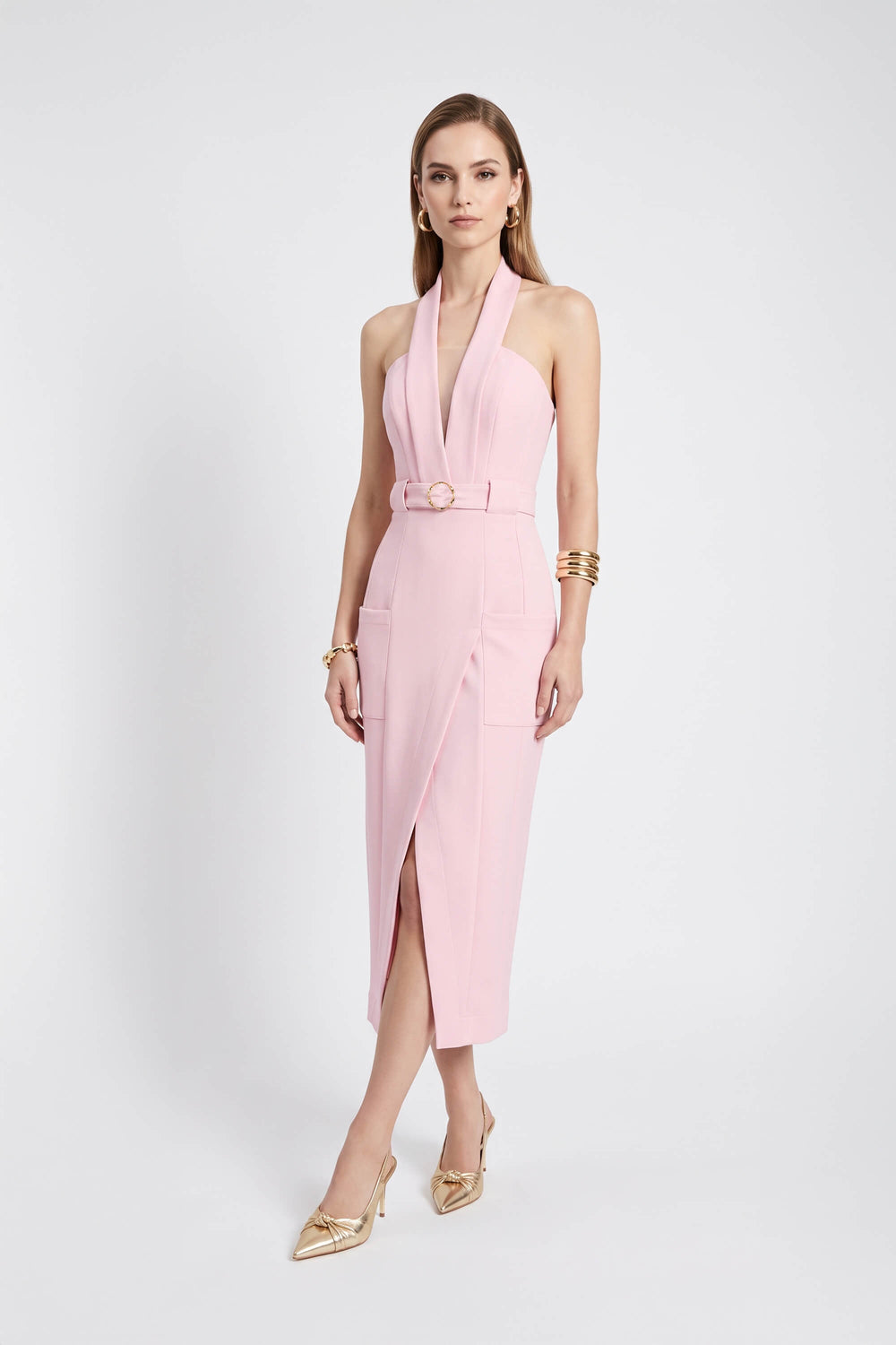 Elena Halter Wrap-Front Belted Midi Vestido 526272 ROS - Reina Diaz