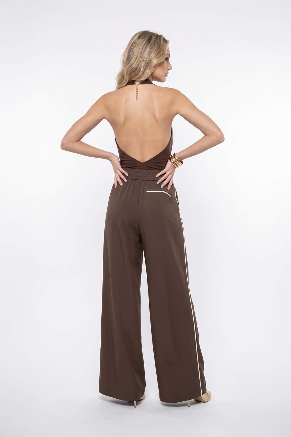 Elena Side-Piped High-Waist Wide-Leg Pantalón 532165 CAF - Reina Diaz