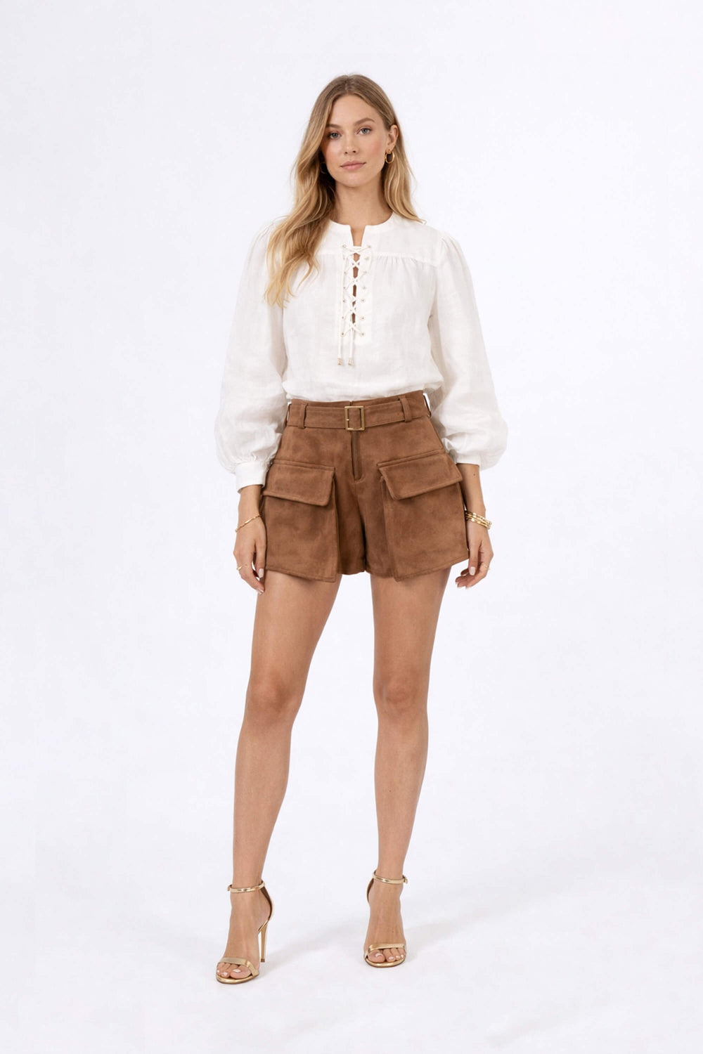 Gala Belted Flap Pocket High-Waist Shorts 731107 CAM - Reina Diaz