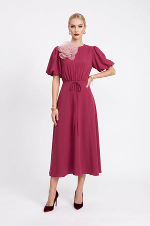 Inés Flower Applique Puff-Sleeve Midi Vestido 526217 BET - Reina Diaz