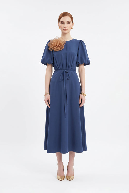 Inés Flower Applique Puff-Sleeve Midi Vestido 526217 MAR - Reina Diaz