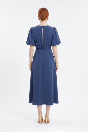 Inés Flower Applique Puff-Sleeve Midi Vestido 526217 MAR - Reina Diaz