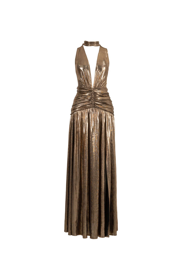 Inés Metallic Plunging Halter Maxi Vestido 526210 DOR - Reina Diaz