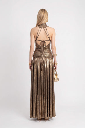 Inés Metallic Plunging Halter Maxi Vestido 526210 DOR - Reina Diaz