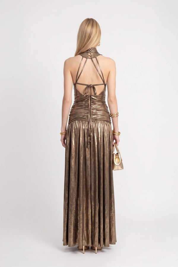 Inés Metallic Plunging Halter Maxi Vestido 526210 DOR - Reina Diaz