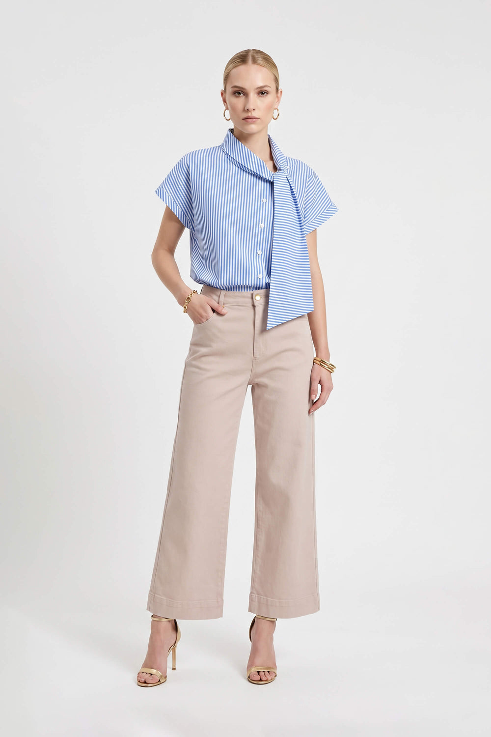 Inés Tie Neck Striped Short Sleeve Camisa 752994 AZU - Reina Diaz