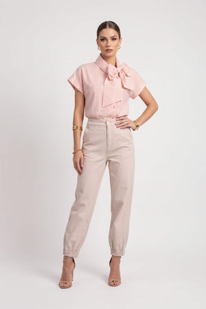Inés Tie Neck Striped Short Sleeve Camisa 752994 BEI - Reina Diaz