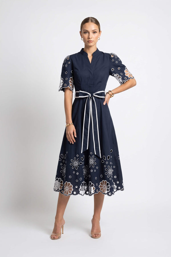 Isabella Embroidered Midi Vestido 526198 MAR - Reina Diaz