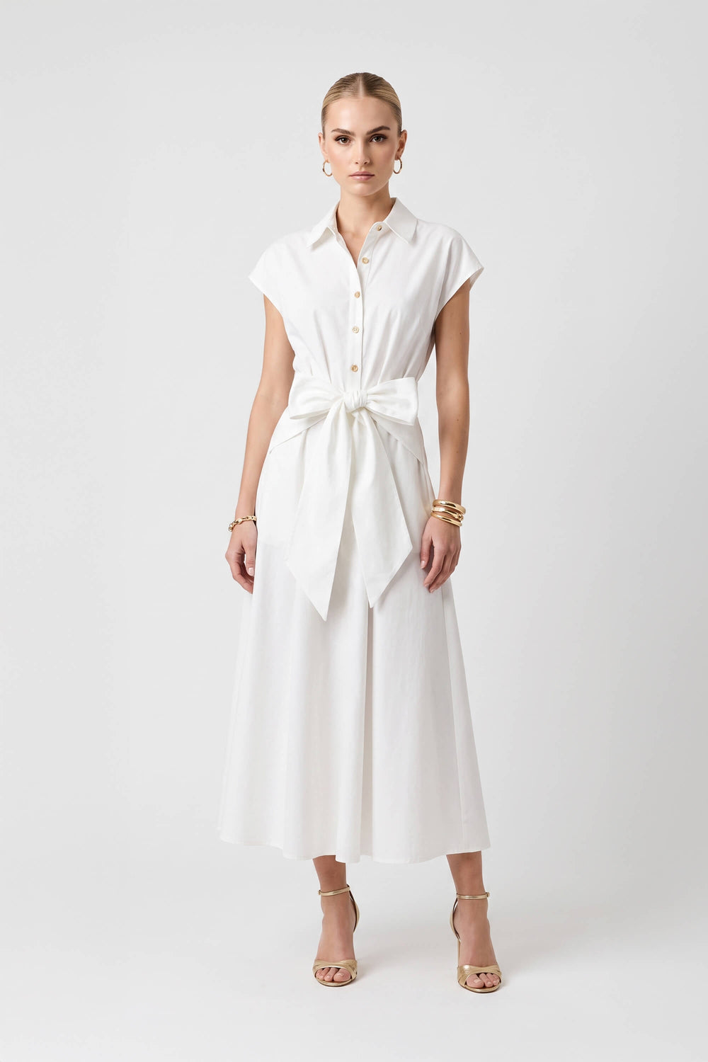 Isabella Tie-Waist Shirtdress Midi Vestido 526300 BCO - Reina Diaz