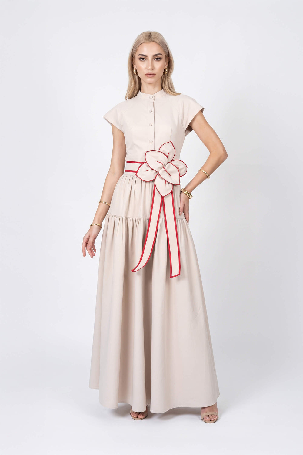 Julieta Floral Belt Tiered Midi Vestido 526302 ARE - Reina Diaz