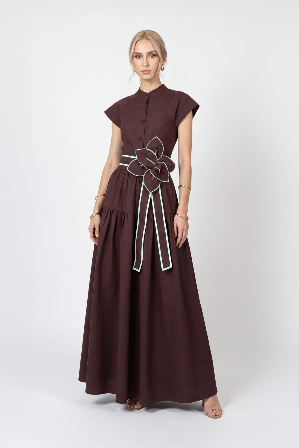 Julieta Floral Belt Tiered Midi Vestido 526302 CAF - Reina Diaz