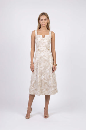 Julieta Notch Square Neck Midi Vestido 723008 BEI - Reina Diaz