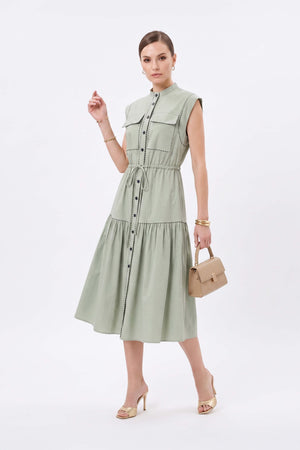 Leonor Contrast-Piping Button-Front Vestido 723160MUS - Reina Diaz
