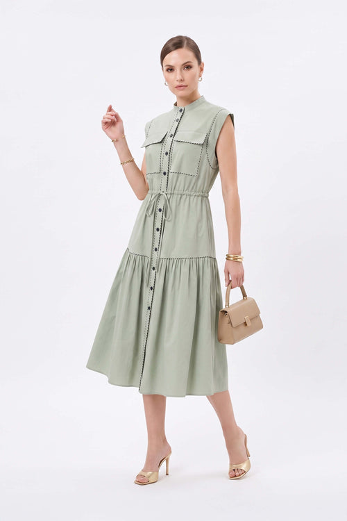 Leonor Contrast-Piping Button-Front Vestido 723160MUS - Reina Diaz