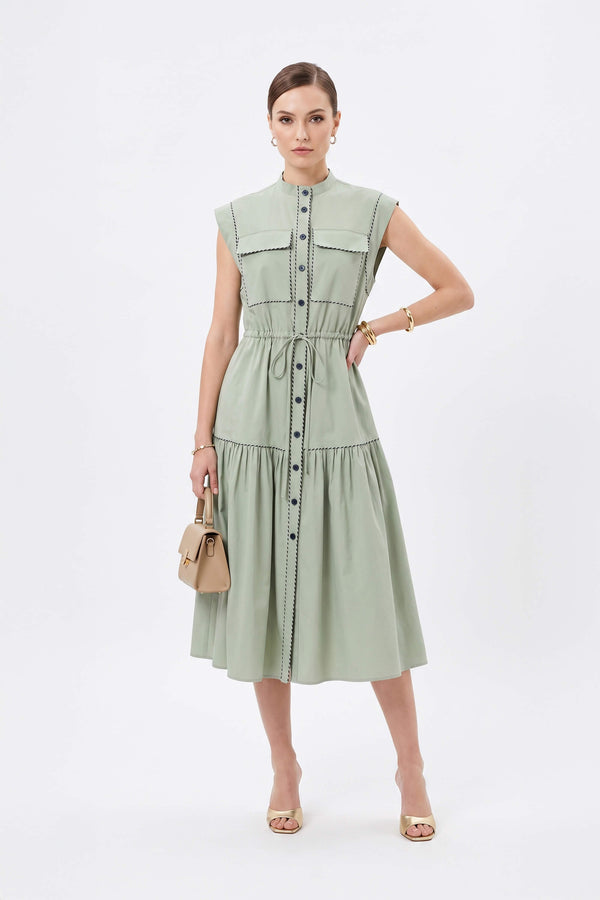 Leonor Contrast-Piping Button-Front Vestido 723160MUS - Reina Diaz